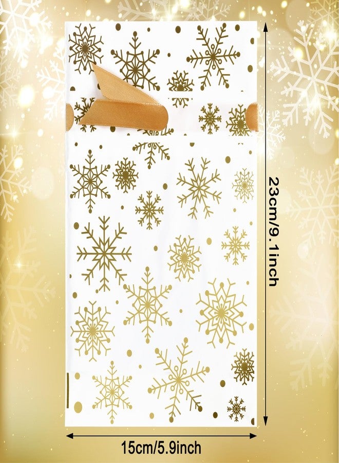 Whaline 72Pcs Christmas Plastic Drawstring Gift Bags 5.9 x 9.1 Inch White Gold Snowflake Treat Bags with Gold Ribbon Candy Goodies Bags for Winter Xmas Party Supplies - Image 2